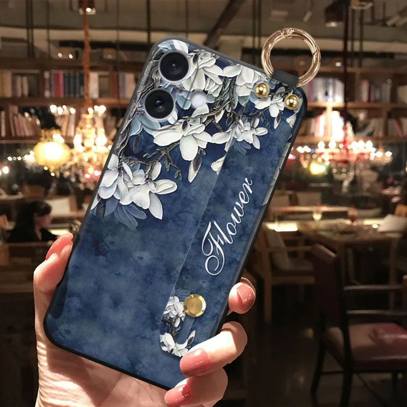 Creative retro pipa flower-bird print TPU phone case in black woven blue flowers for iPhone