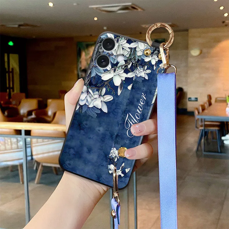 Creative retro pipa flower-bird print TPU phone case in black woven blue flowers for iPhone
