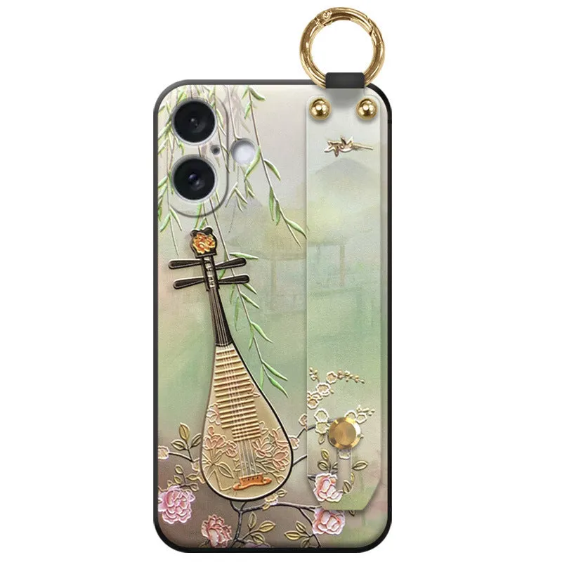 Creative retro pipa flower-bird print TPU phone case in black woven blue flowers for iPhone