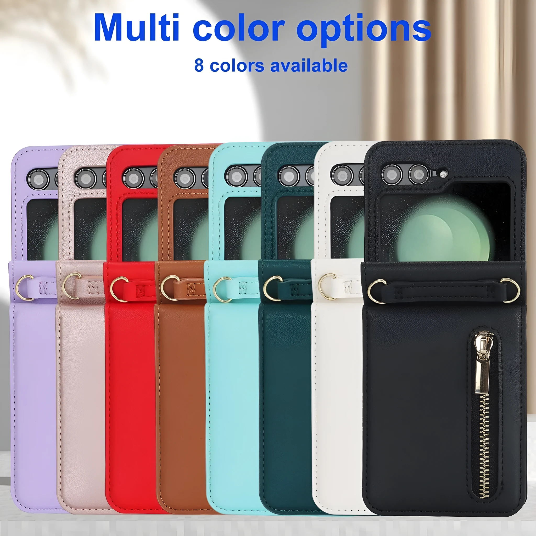 Purple zipper crossbody flip phone case for Samsung Galaxy Z Flip 3/4/5/6 with lanyard and bracket stand