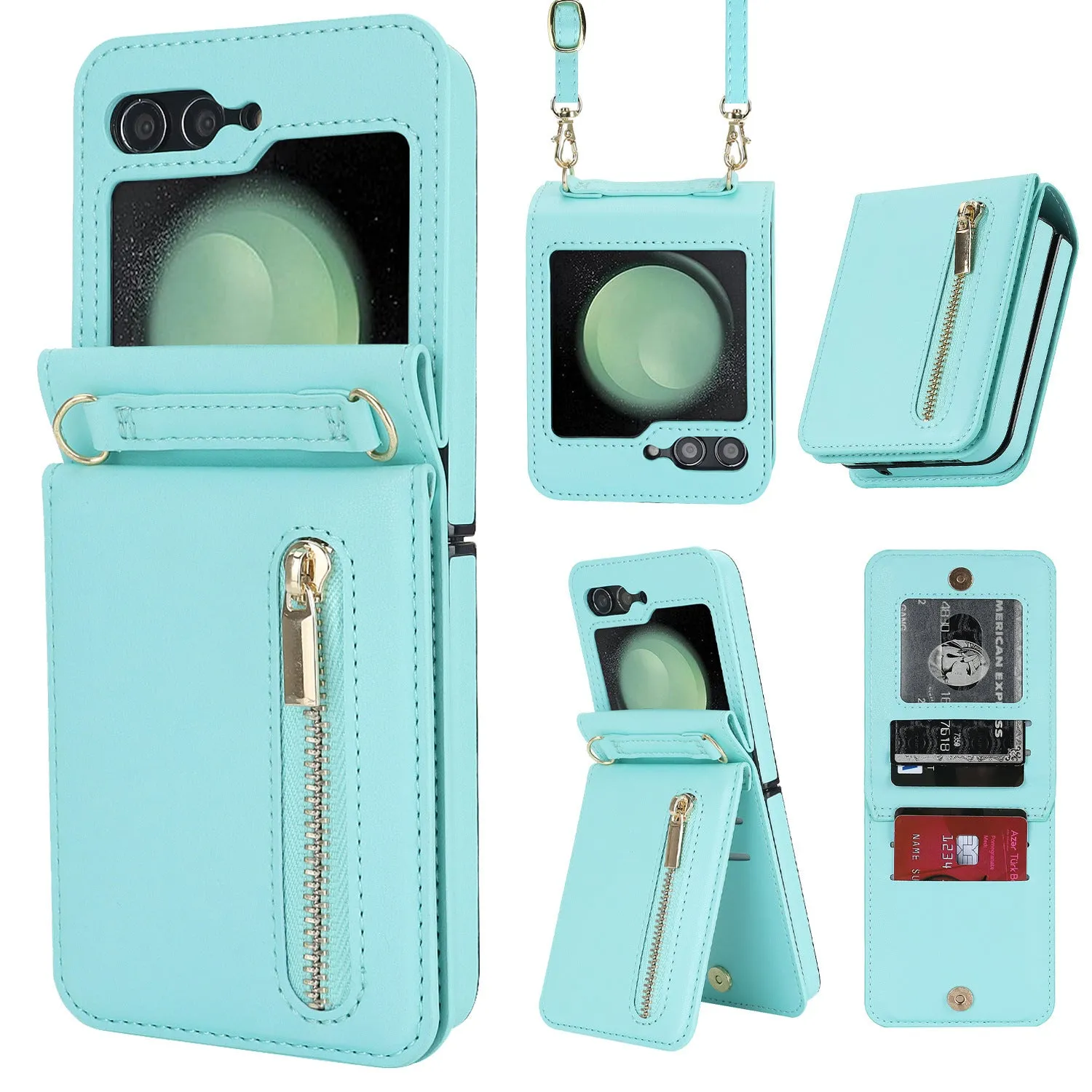 Purple zipper crossbody flip phone case for Samsung Galaxy Z Flip 3/4/5/6 with lanyard and bracket stand