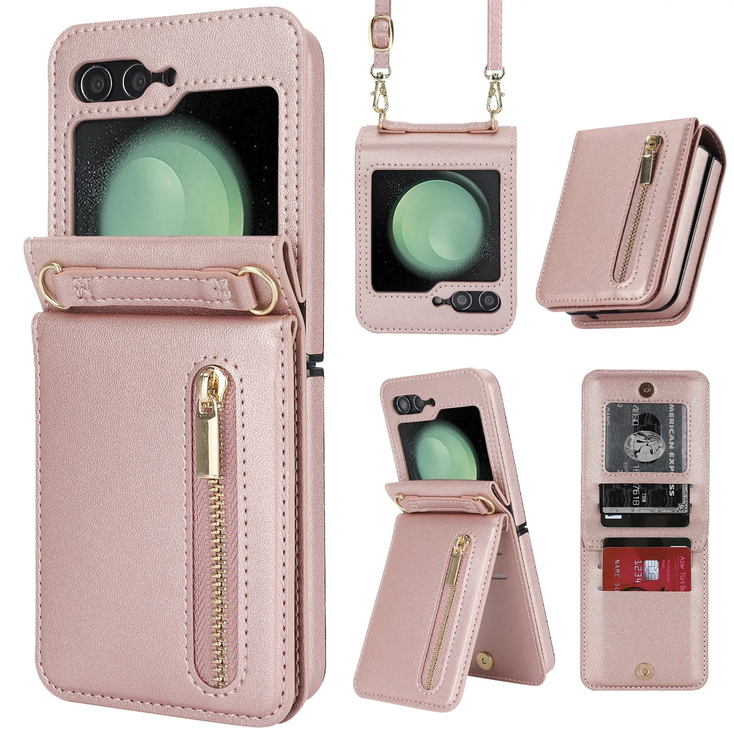 Purple zipper crossbody flip phone case for Samsung Galaxy Z Flip 3/4/5/6 with lanyard and bracket stand