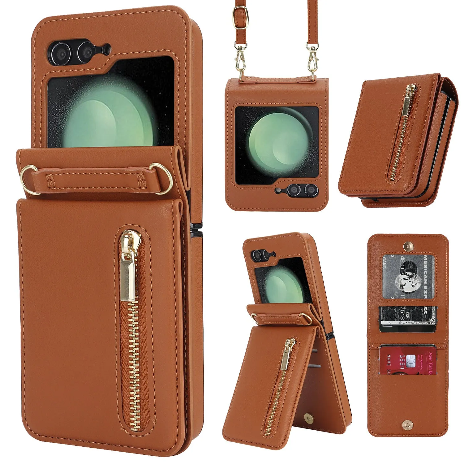 Purple zipper crossbody flip phone case for Samsung Galaxy Z Flip 3/4/5/6 with lanyard and bracket stand
