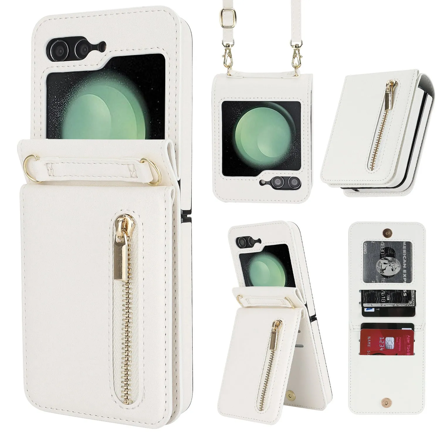 Purple zipper crossbody flip phone case for Samsung Galaxy Z Flip 3/4/5/6 with lanyard and bracket stand