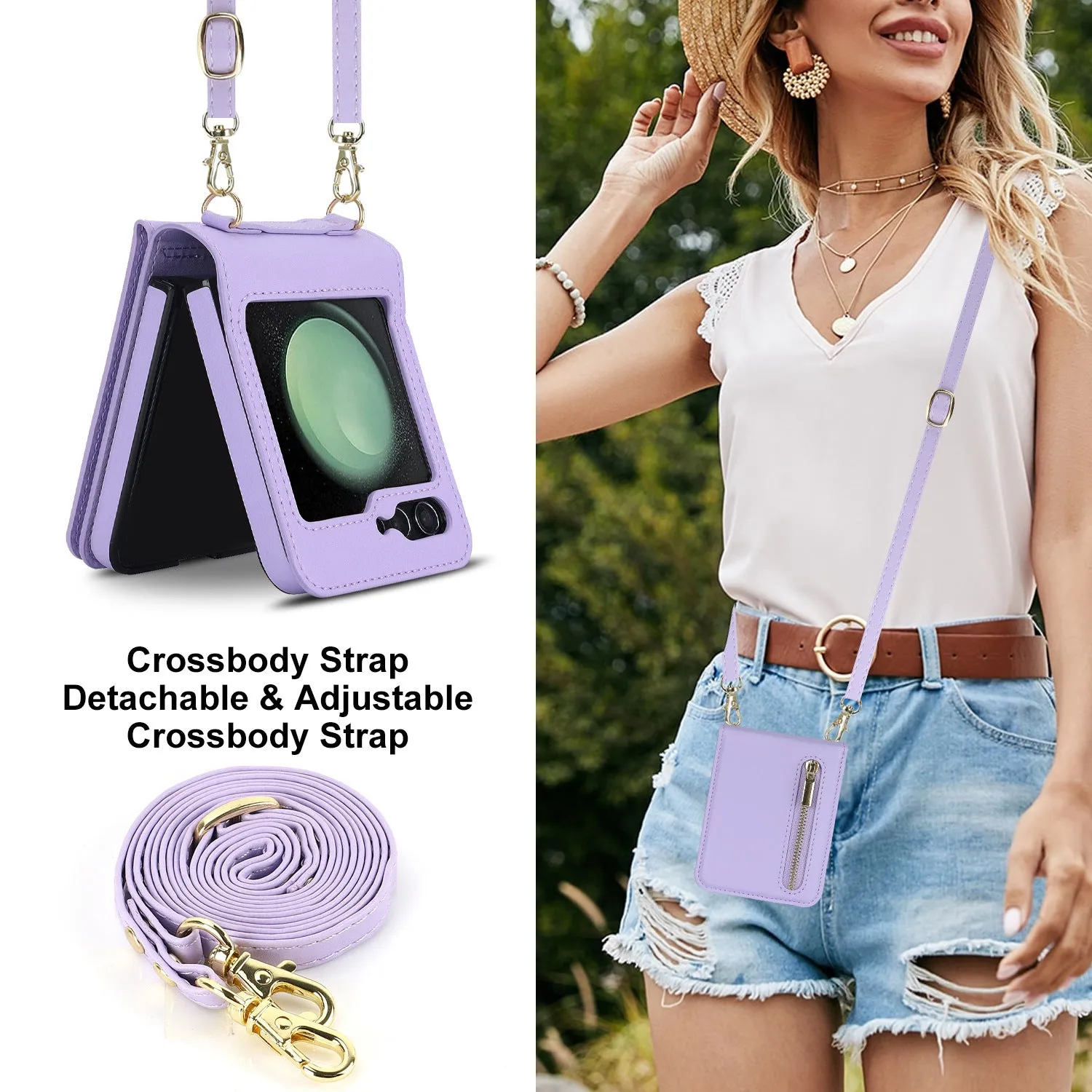 Purple zipper crossbody flip phone case for Samsung Galaxy Z Flip 3/4/5/6 with lanyard and bracket stand