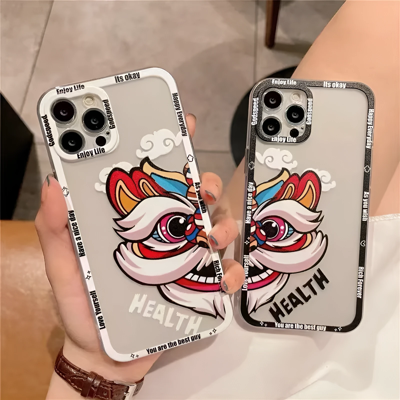 Lion dance painted TPU phone case with straight edge transparent back, Angel Eyes design, black frame, for Apple iPhone
