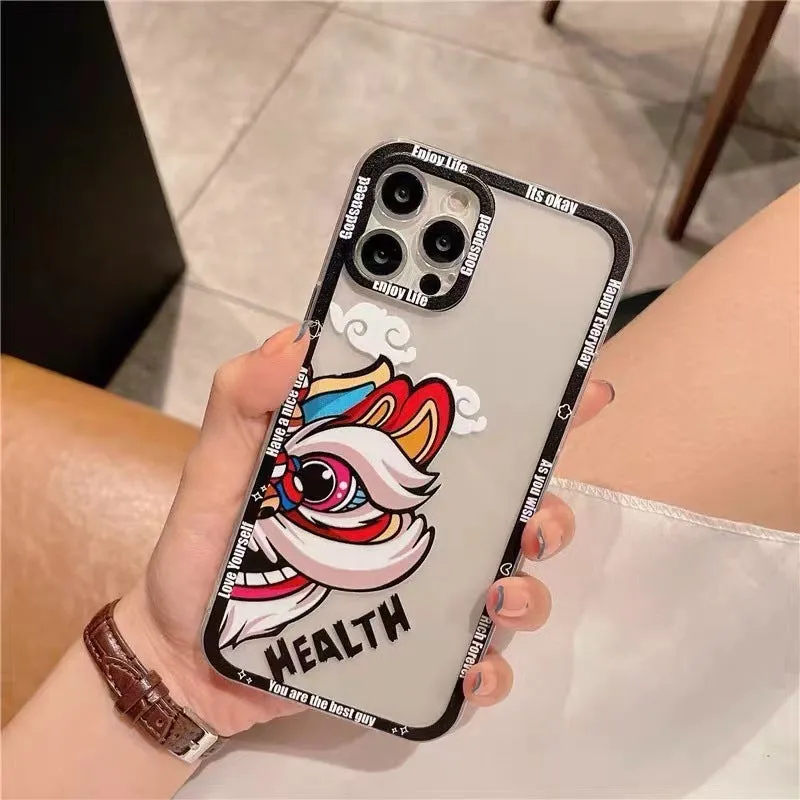 Lion dance painted TPU phone case with straight edge transparent back, Angel Eyes design, black frame, for Apple iPhone