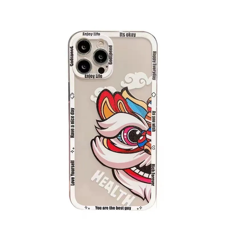 Lion dance painted TPU phone case with straight edge transparent back, Angel Eyes design, black frame, for Apple iPhone