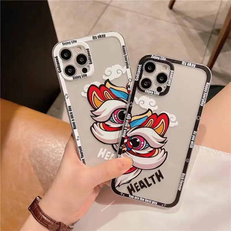 Lion dance painted TPU phone case with straight edge transparent back, Angel Eyes design, black frame, for Apple iPhone