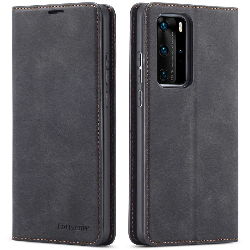Flip leather phone case for Huawei P40 Pro with card slot, black colour, handmade PU and TPU construction