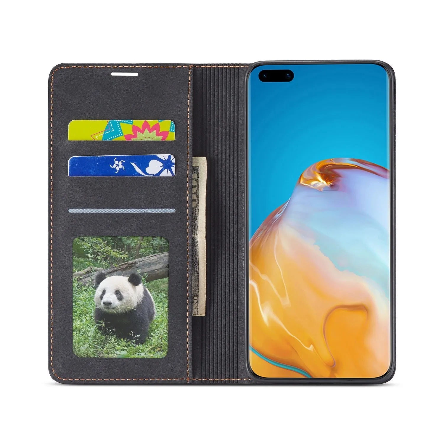 Flip leather phone case for Huawei P40 Pro with card slot, black colour, handmade PU and TPU construction