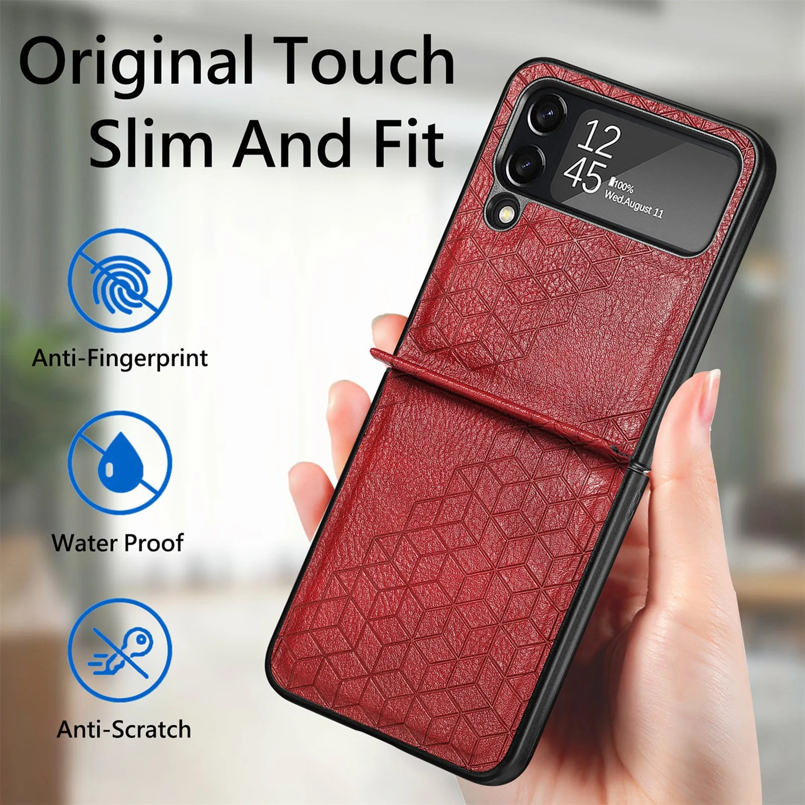 Solid colour rhombus leather pattern PU phone case for Samsung ZFLIP4 in black, showing back cover with textured surface