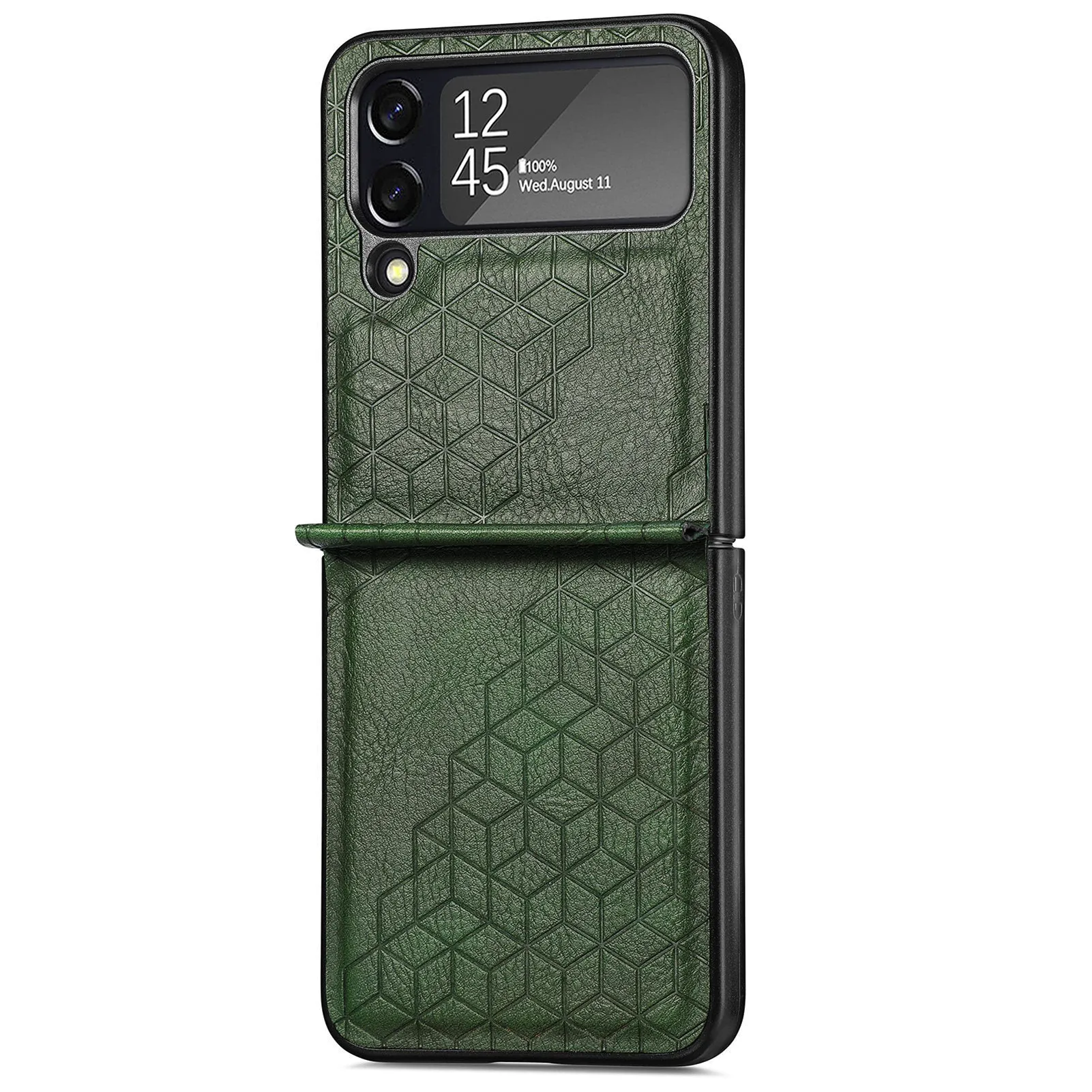 Solid colour rhombus leather pattern PU phone case for Samsung ZFLIP4 in black, showing back cover with textured surface