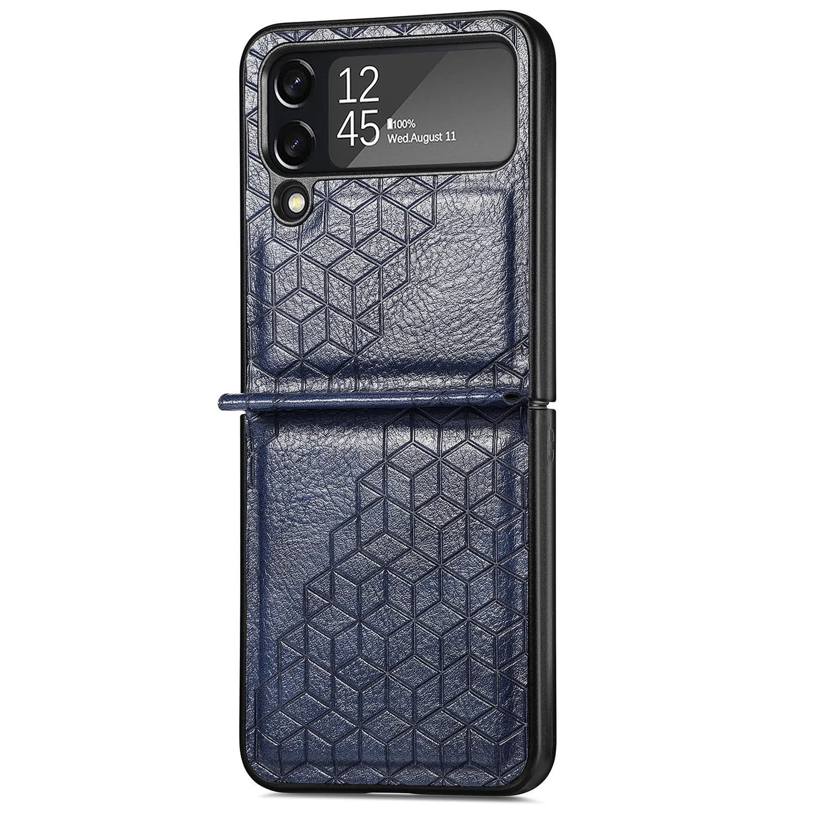 Solid colour rhombus leather pattern PU phone case for Samsung ZFLIP4 in black, showing back cover with textured surface
