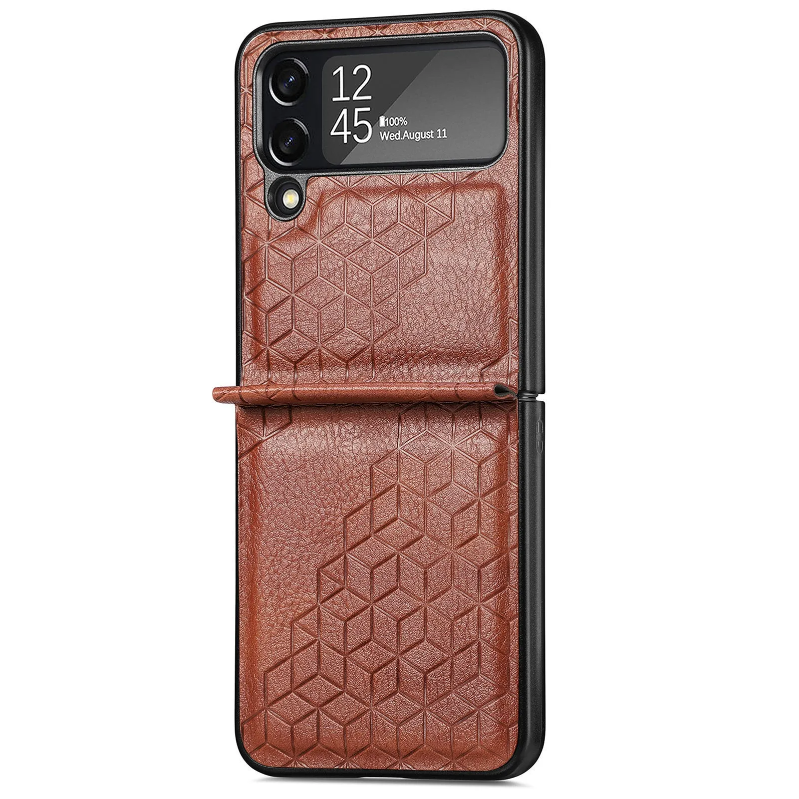 Solid colour rhombus leather pattern PU phone case for Samsung ZFLIP4 in black, showing back cover with textured surface