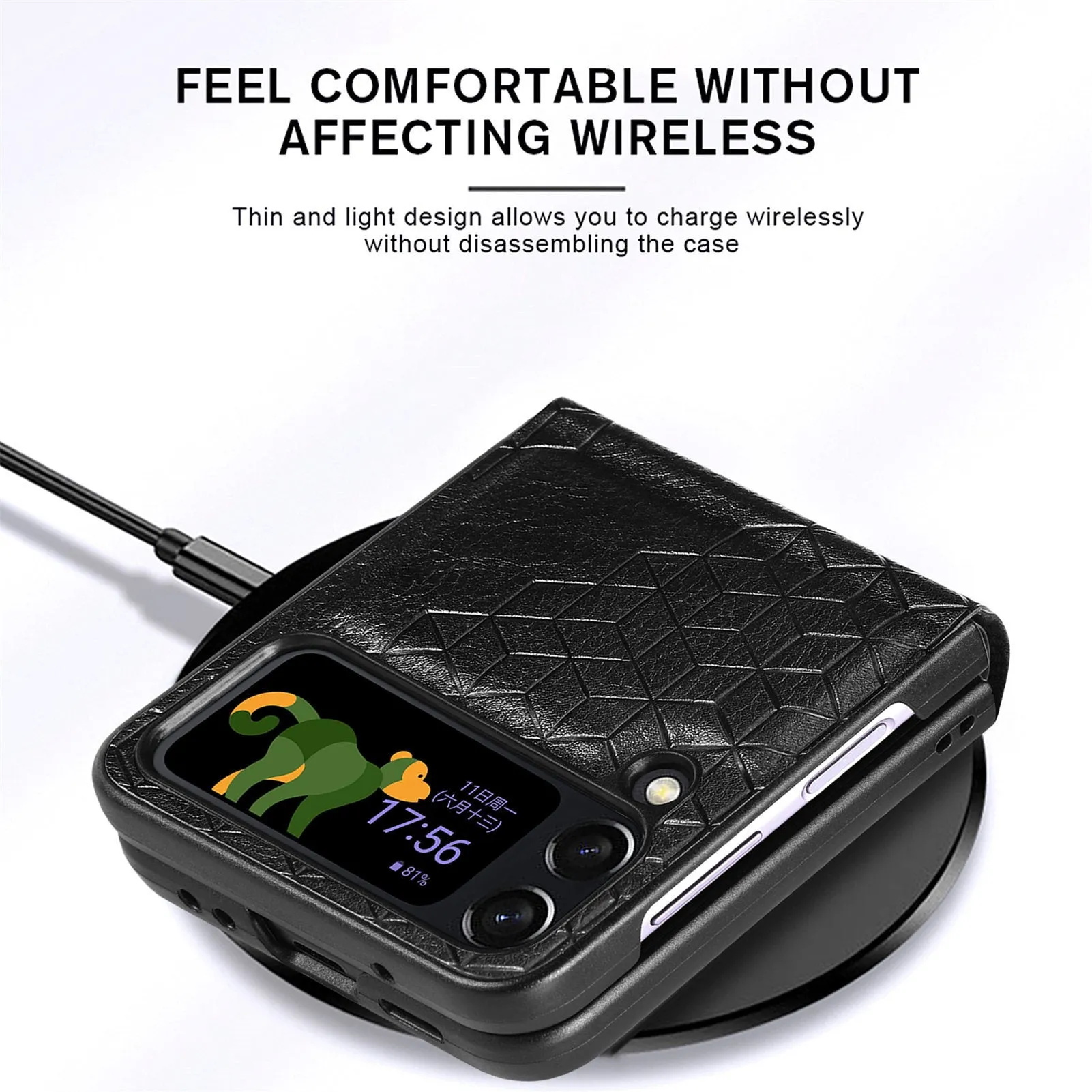 Solid colour rhombus leather pattern PU phone case for Samsung ZFLIP4 in black, showing back cover with textured surface