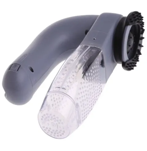 Grey handheld pet hair vacuum cleaner with soft rubber grooming brush head