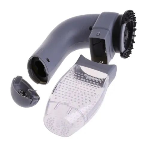 Grey handheld pet hair vacuum cleaner with soft rubber grooming brush head