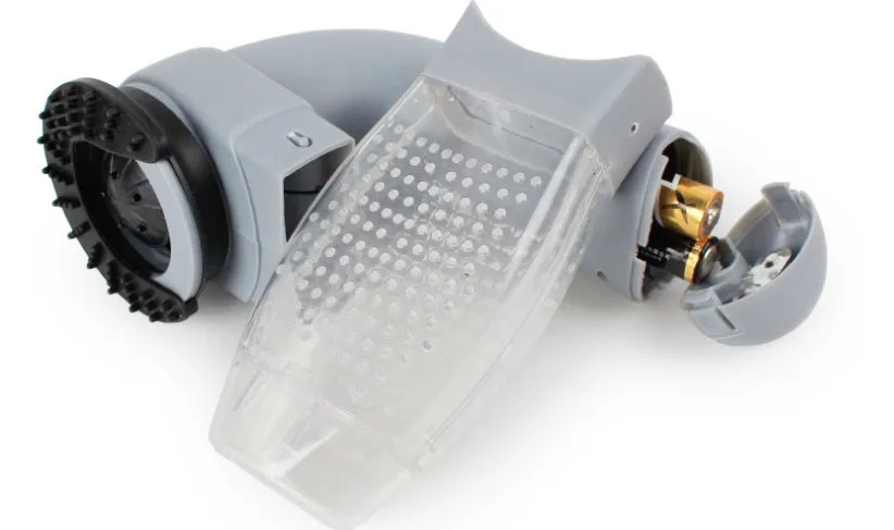 Grey handheld pet hair vacuum cleaner with soft rubber grooming brush head