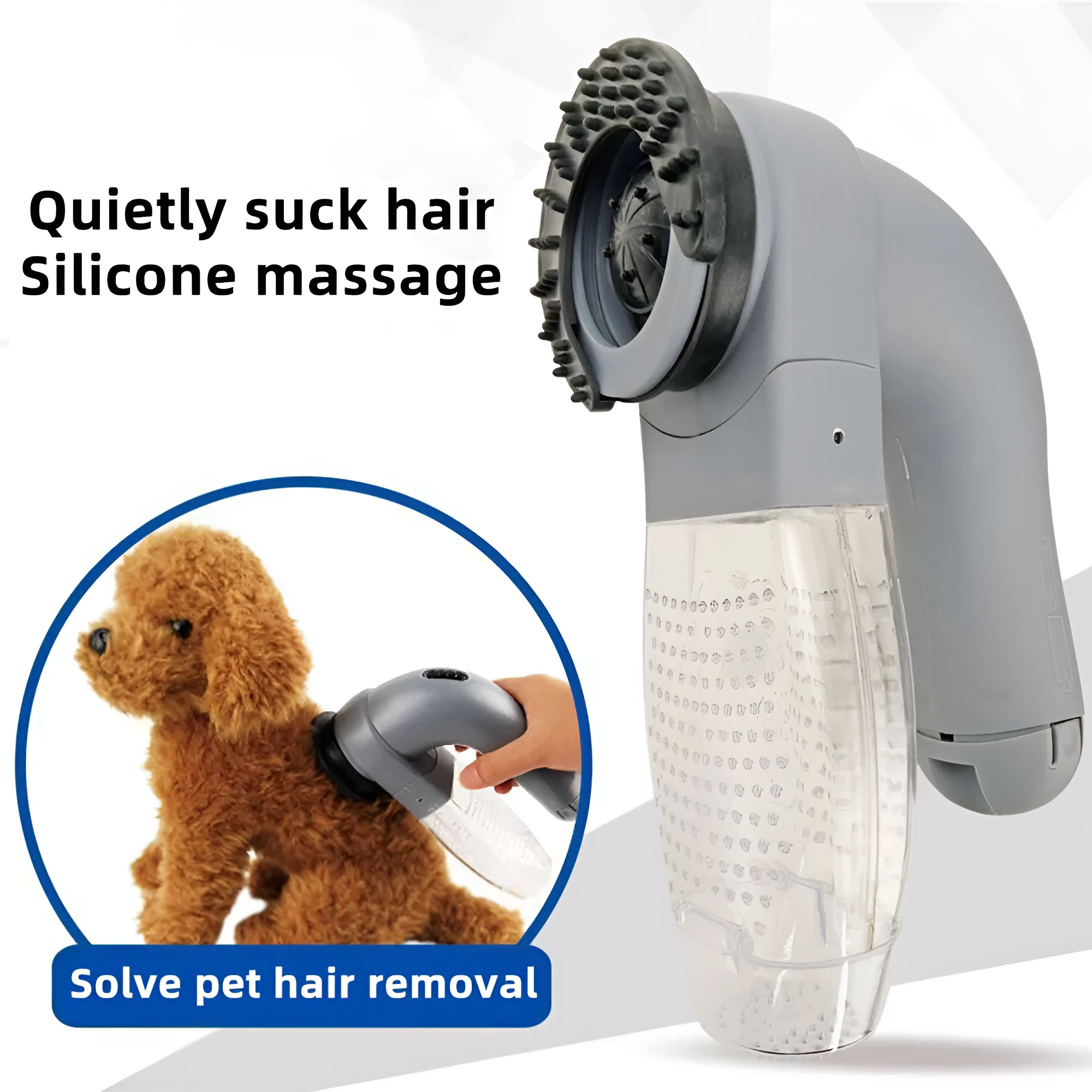 Grey handheld pet hair vacuum cleaner with soft rubber grooming brush head