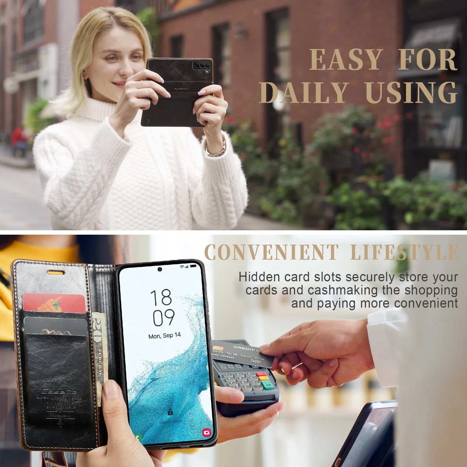 Crazy horse pattern card flip phone case for Samsung A55 with kickstand and magnetic closure, black colour.