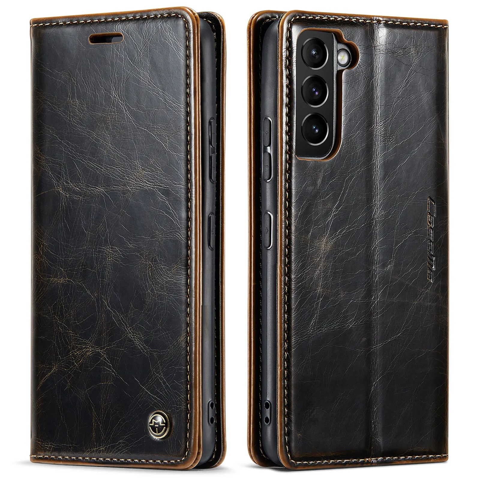 Crazy horse pattern card flip phone case for Samsung A55 with kickstand and magnetic closure, black colour.