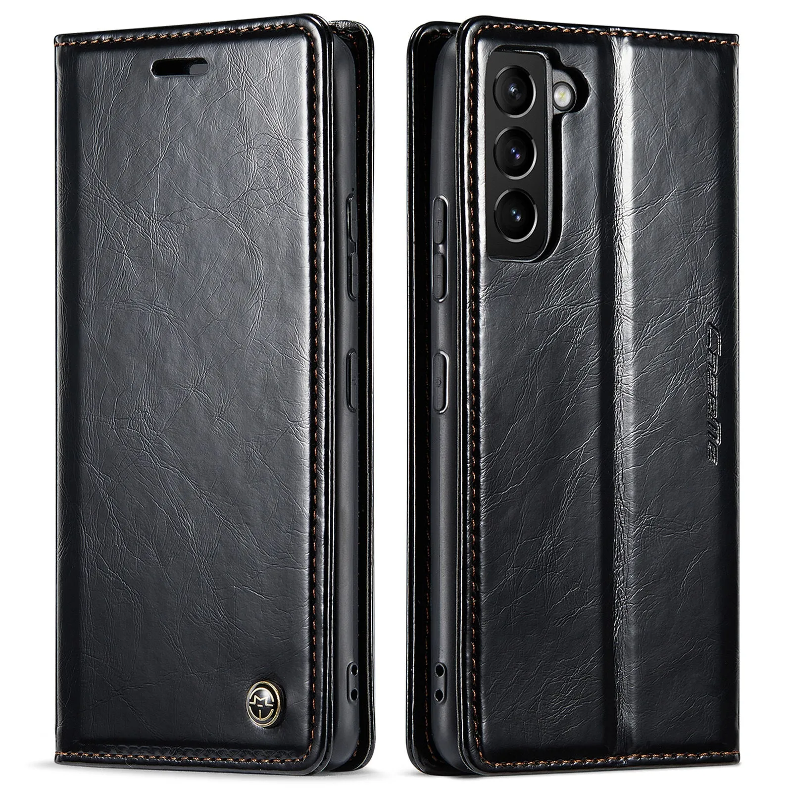 Crazy horse pattern card flip phone case for Samsung A55 with kickstand and magnetic closure, black colour.