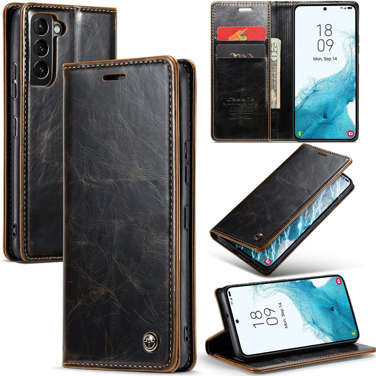 Crazy horse pattern card flip phone case for Samsung A55 with kickstand and magnetic closure, black colour.