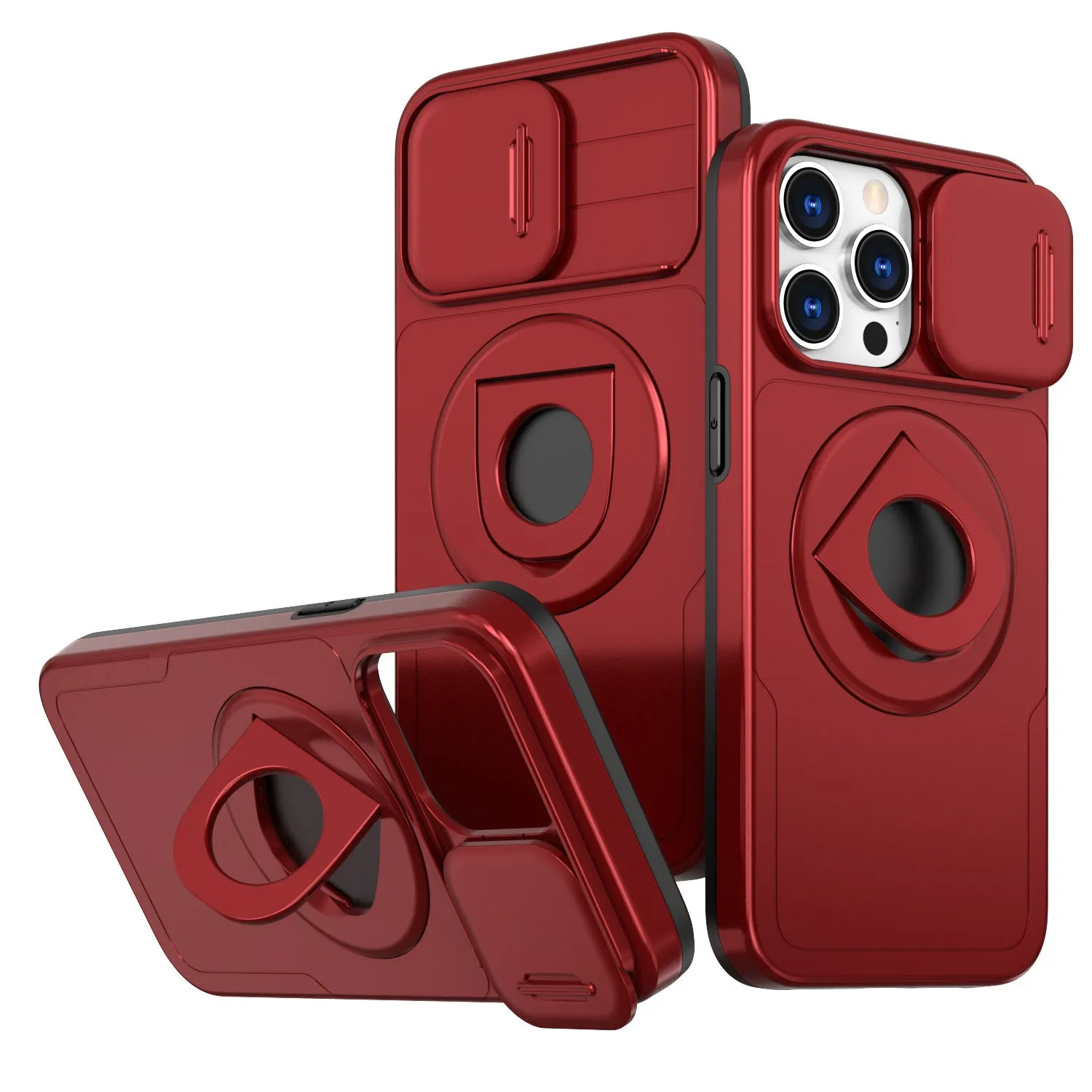 Plastic anti-fall shock bracket phone case with magnetic suction for Apple iPhone, black colour, side view showing kickstand