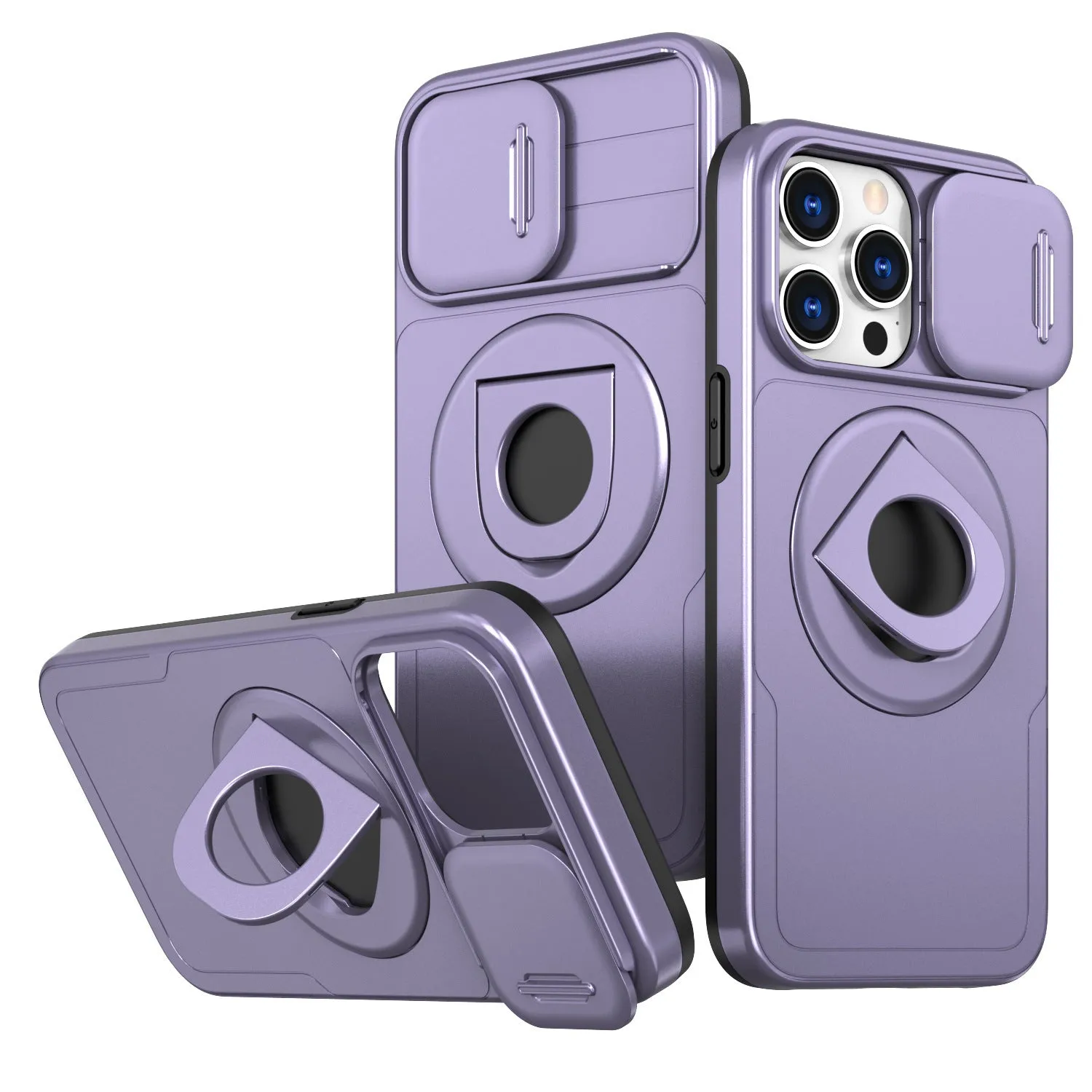 Plastic anti-fall shock bracket phone case with magnetic suction for Apple iPhone, black colour, side view showing kickstand