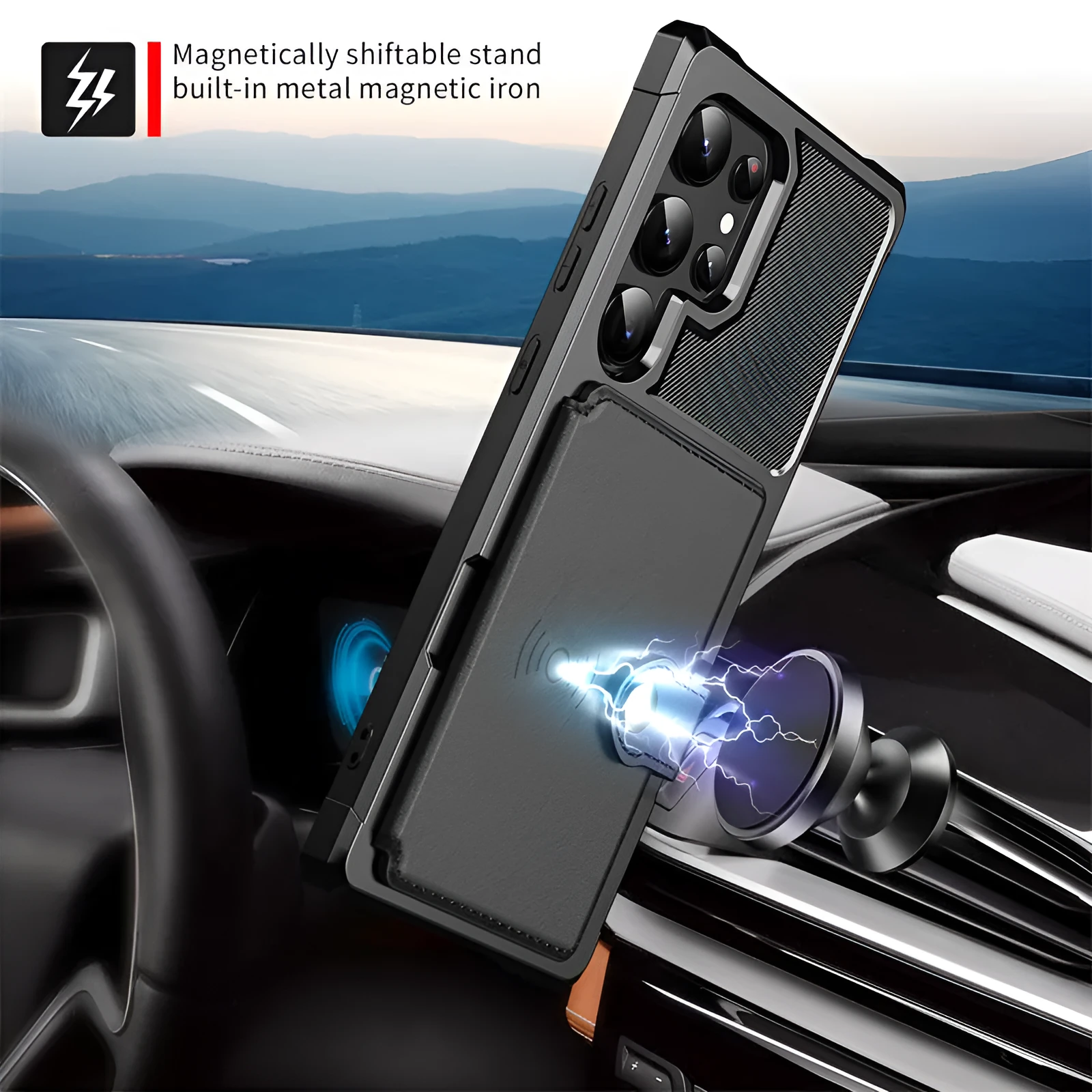 Card-inserting car protective cover for Samsung S23 phone case drop-resistant TPU PC back cover in black