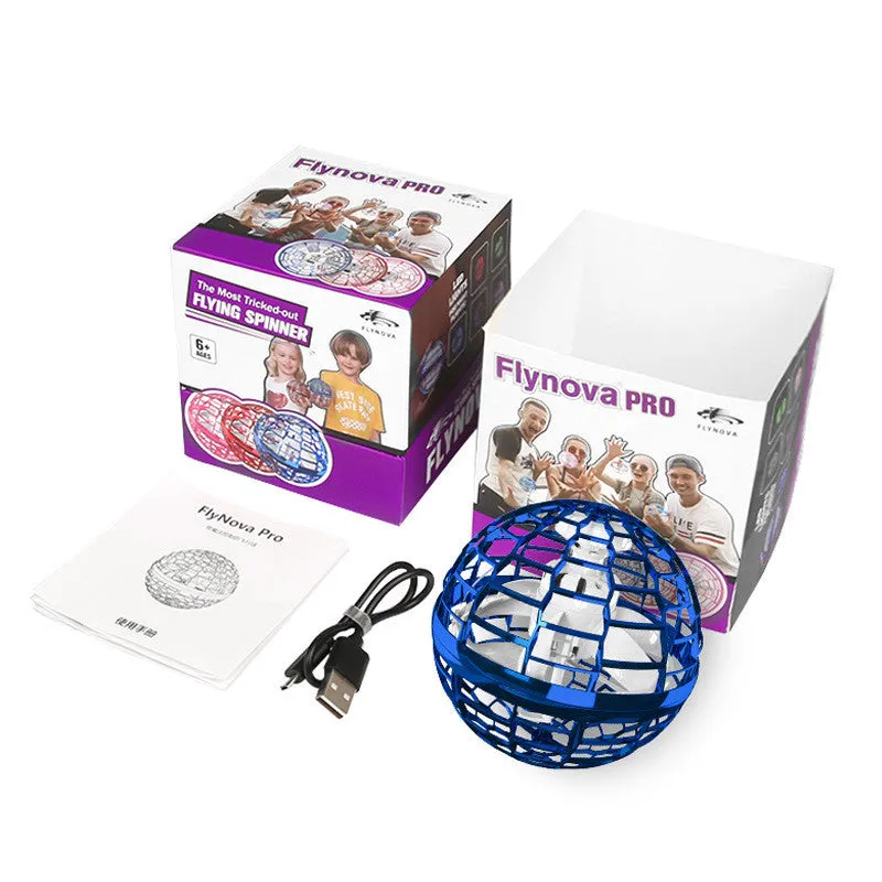Blue spinning flying ball toy with LED lights floating above child's hand with magic wand