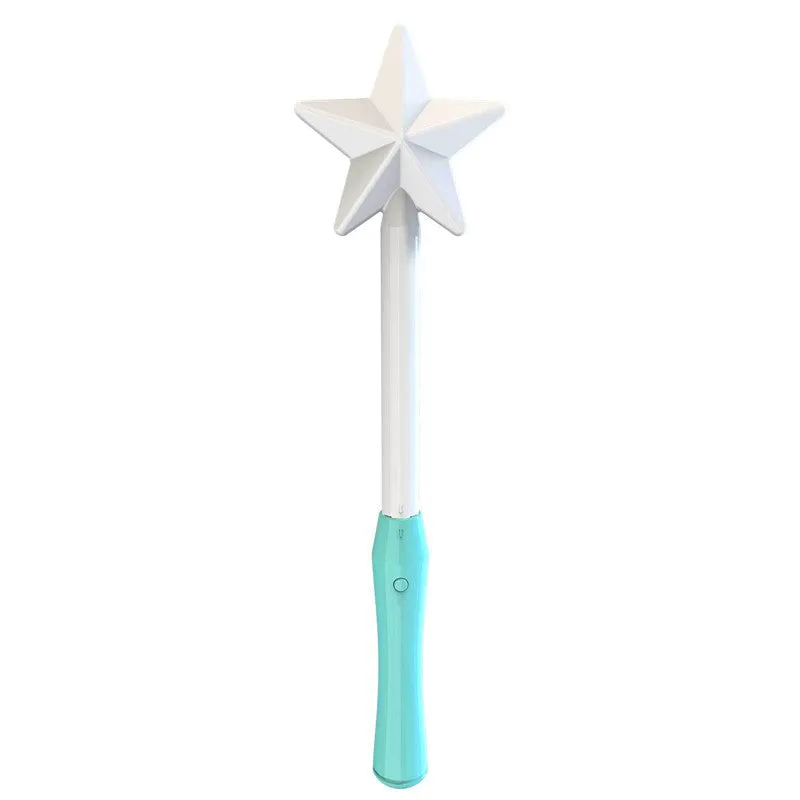 Blue spinning flying ball toy with LED lights floating above child's hand with magic wand