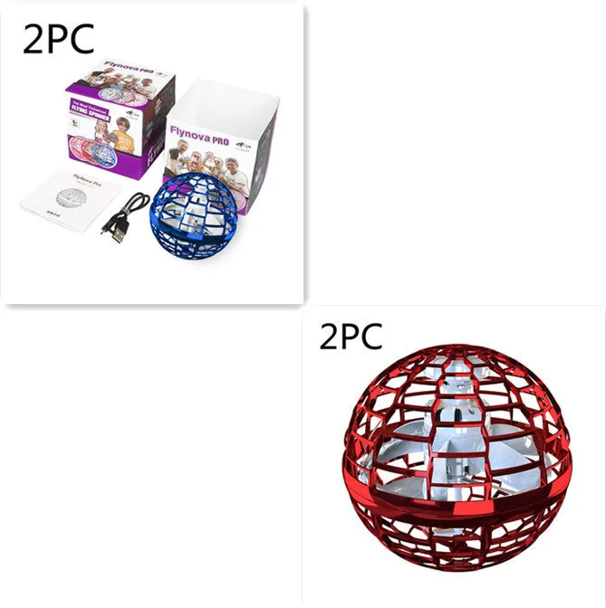 Blue spinning flying ball toy with LED lights floating above child's hand with magic wand