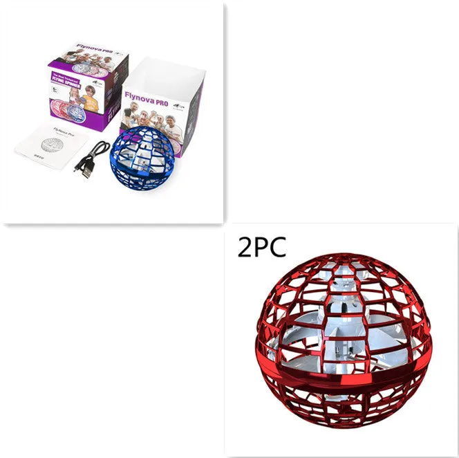 Blue spinning flying ball toy with LED lights floating above child's hand with magic wand
