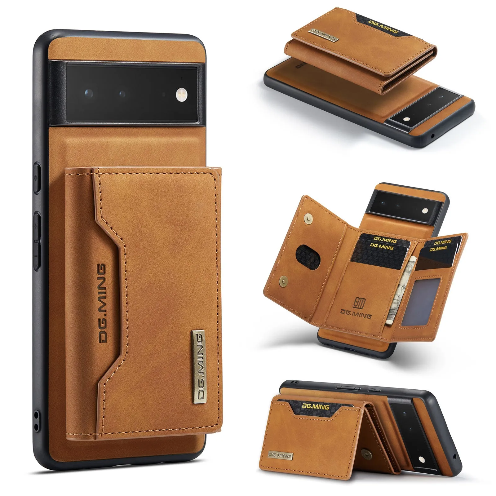 Hand-woven leather magnetic card holder phone case for Google Pixel 6 7 8, black combination