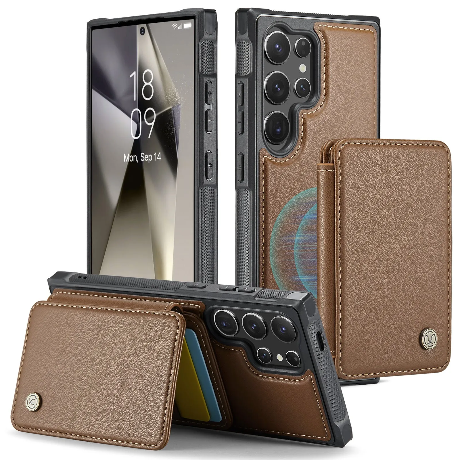 Magnetic card business drop-resistant leather phone case for Samsung, anti-fall wallet style with card slot, imitation leather, black colour