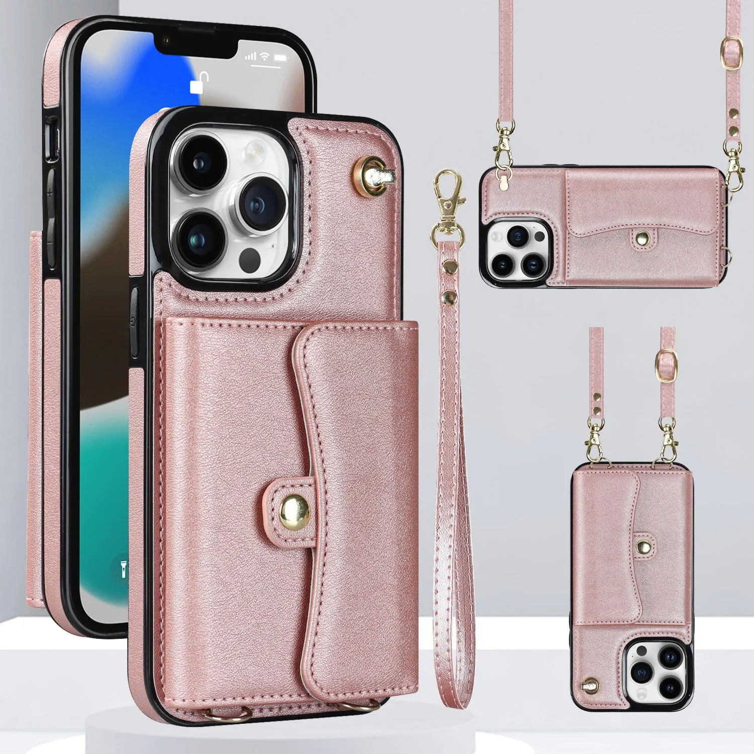 Samsung wallet phone case in mint green with card slot, kickstand, and crossbody strap
