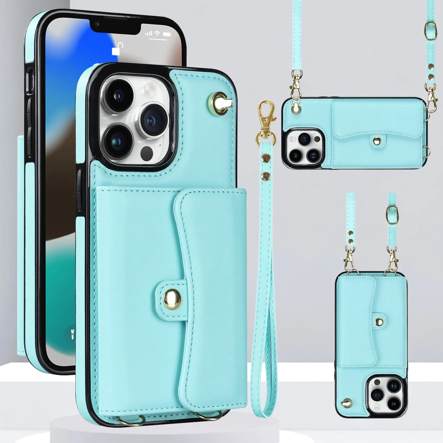 Samsung wallet phone case in mint green with card slot, kickstand, and crossbody strap