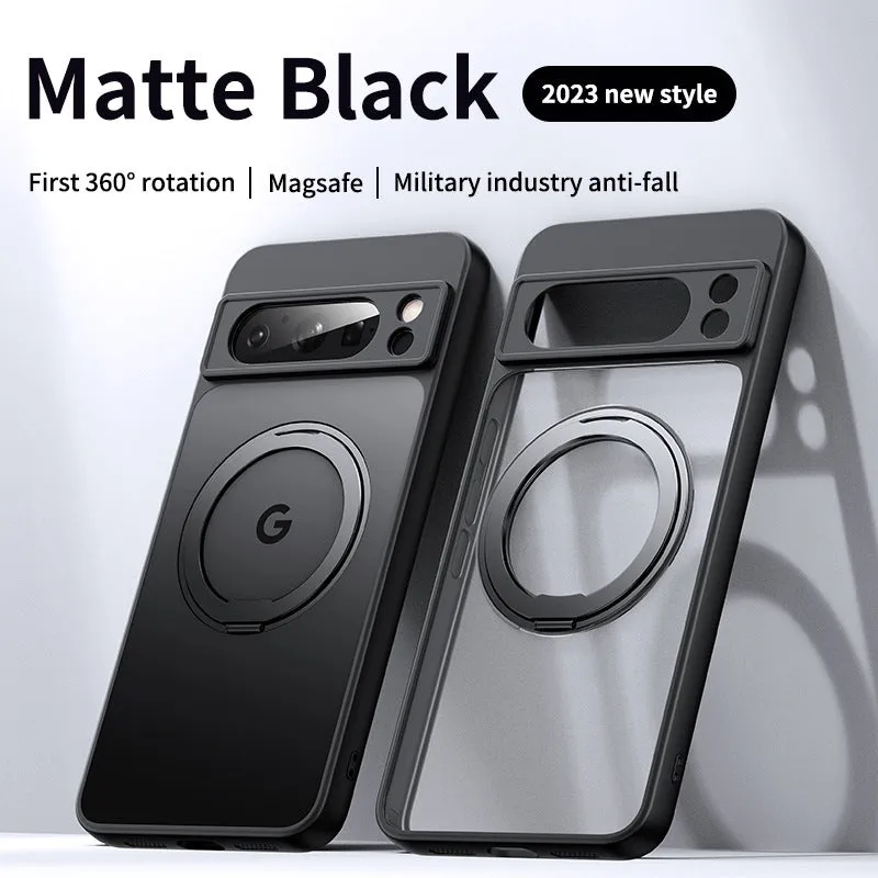 Matte black Google Pixel phone case with magnetic 360 rotating bracket and TPU PC shockproof construction