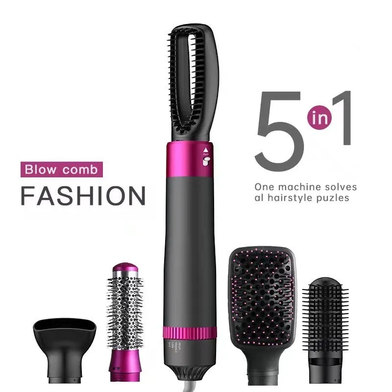 Dyson grey 5-in-1 hair dryer brush styling tool with multiple brush attachments on a white background.