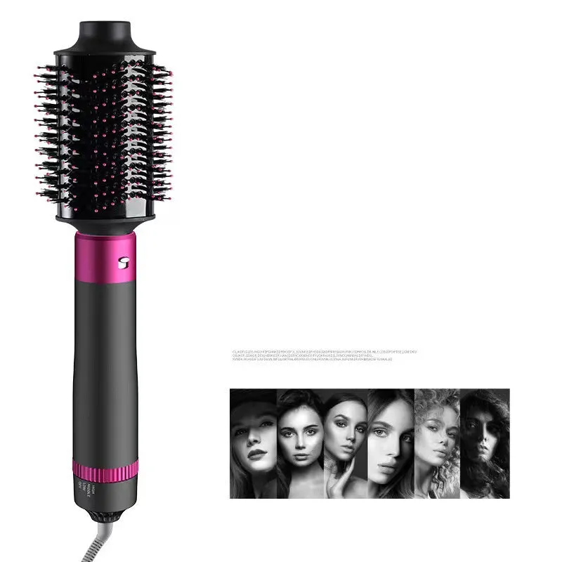 Dyson grey 5-in-1 hair dryer brush styling tool with multiple brush attachments on a white background.