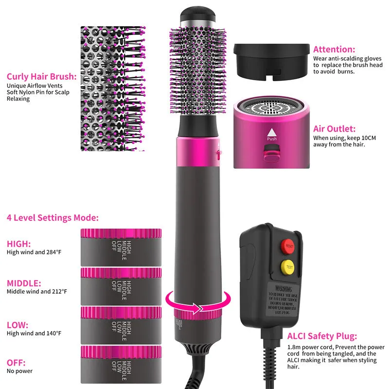 Dyson grey 5-in-1 hair dryer brush styling tool with multiple brush attachments on a white background.