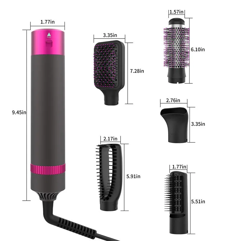 Dyson grey 5-in-1 hair dryer brush styling tool with multiple brush attachments on a white background.