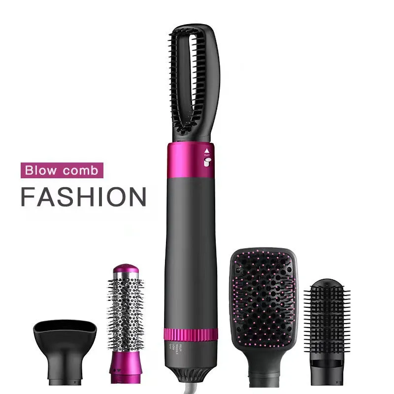 Dyson grey 5-in-1 hair dryer brush styling tool with multiple brush attachments on a white background.