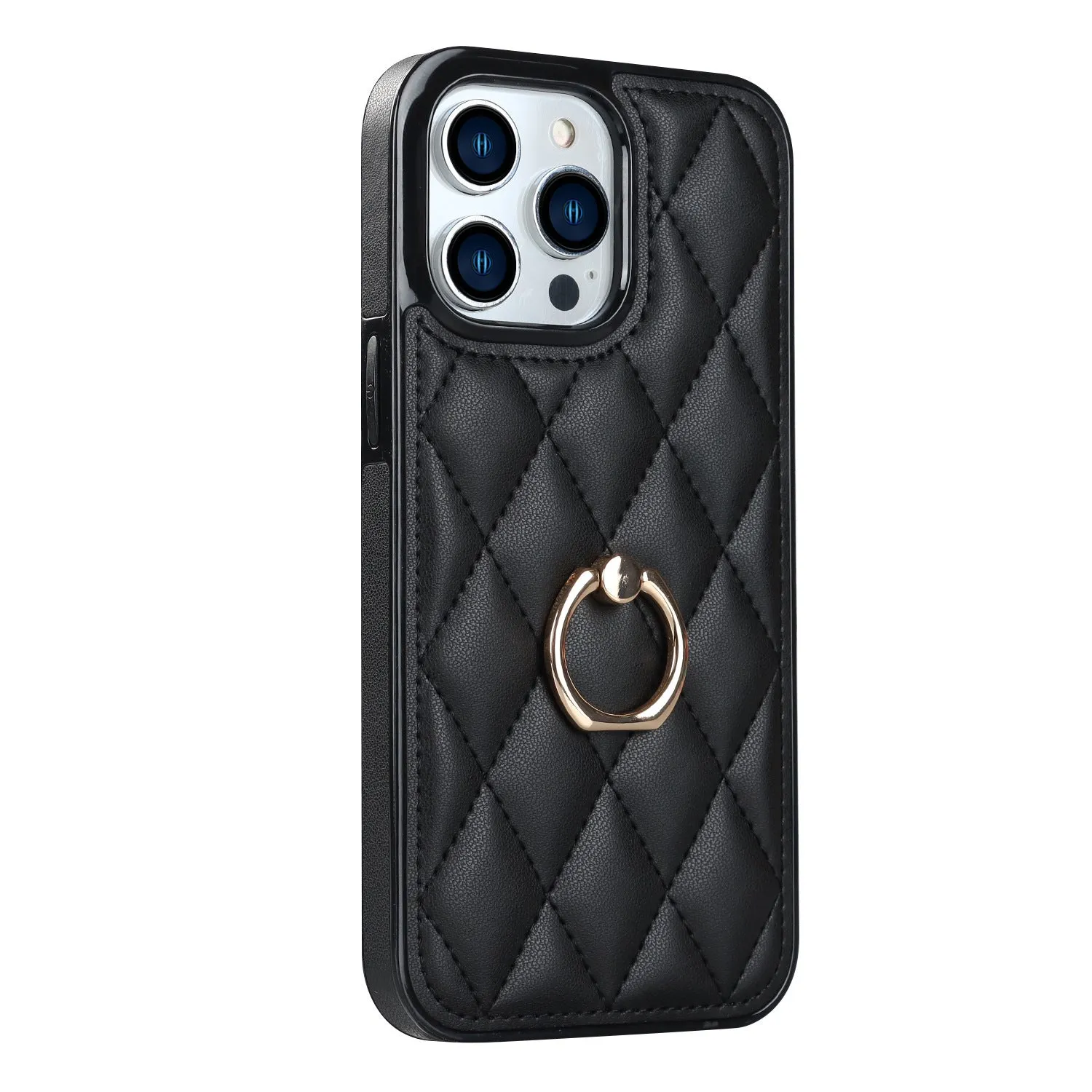 Flip leather phone case with ring bracket, card slot, and magnetic suction in black for Apple iPhone