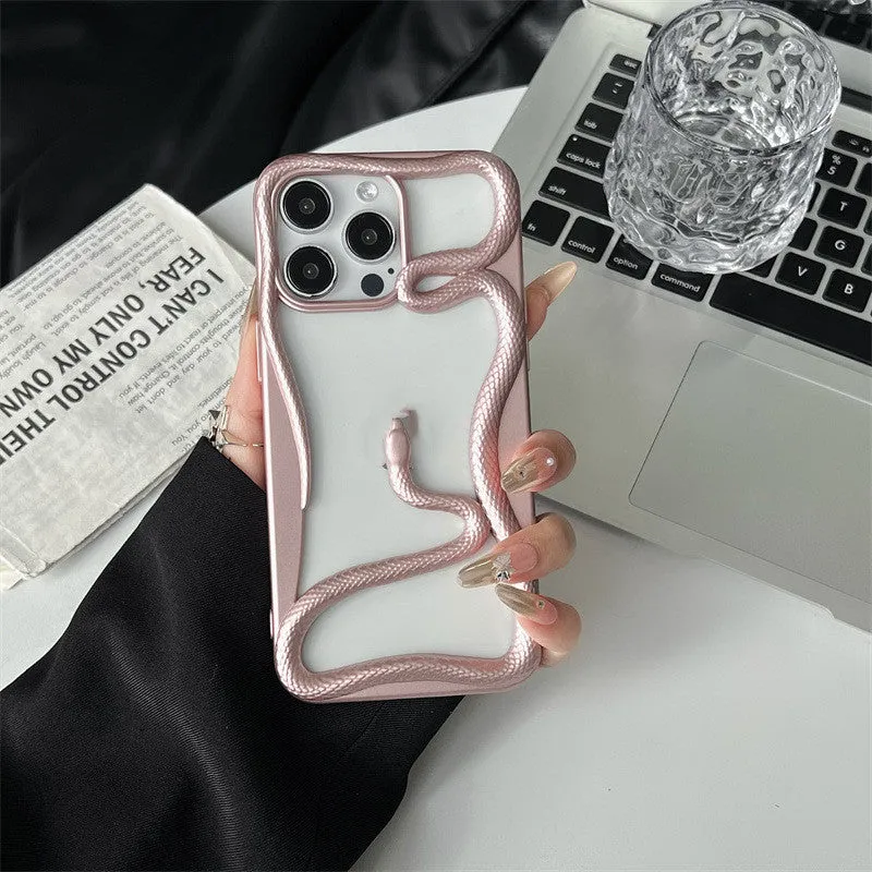 Electroplated glossy hollow snake TPU phone case for iPhone 13-16 series with reflective silver finish