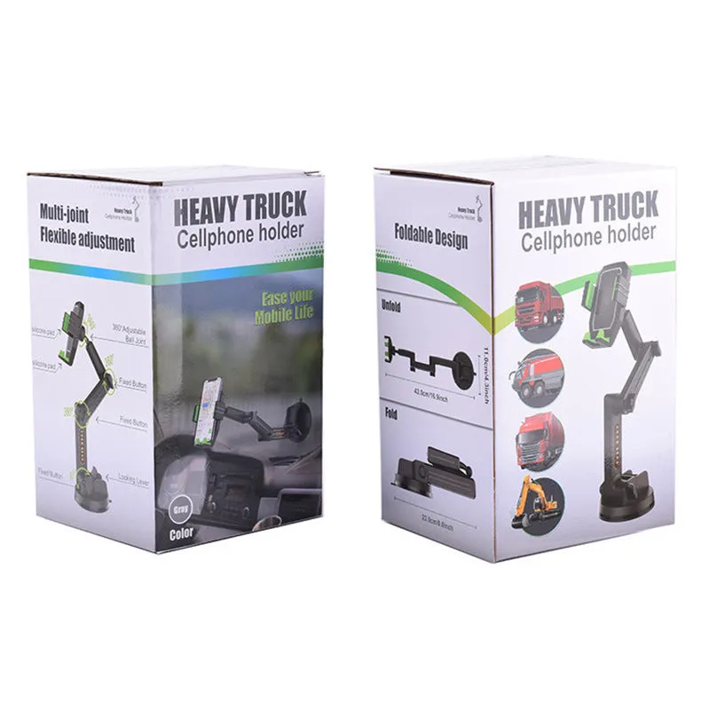 Gray car suction cup phone holder mounted on windscreen with clip cradle