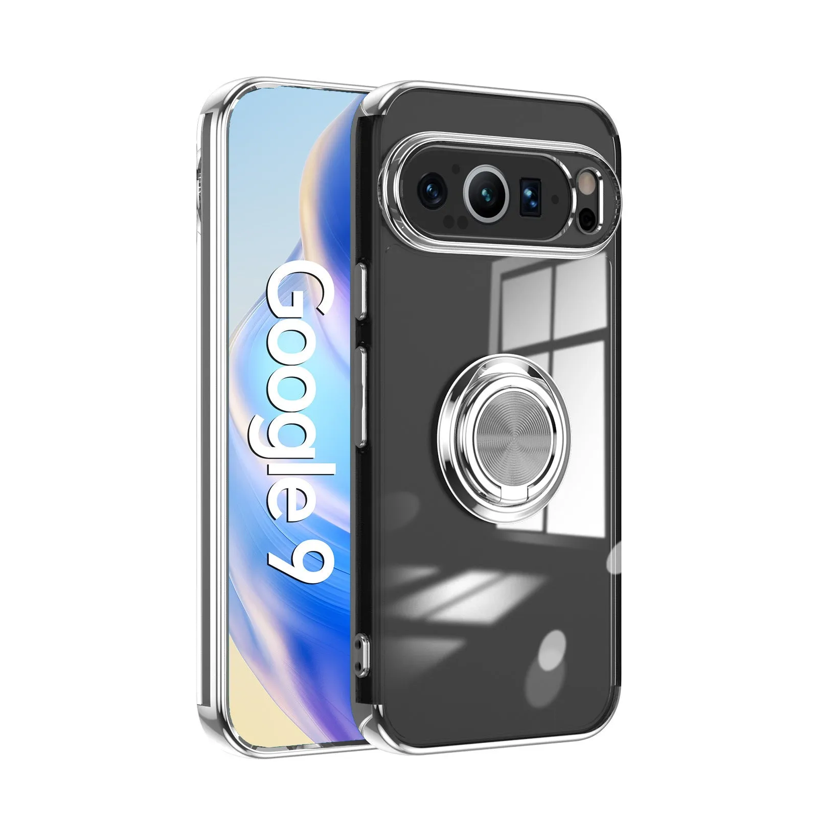 Google Pixel phone case with electroplated silicone transparent back and magnetic ring in silver colour showing front and rear view