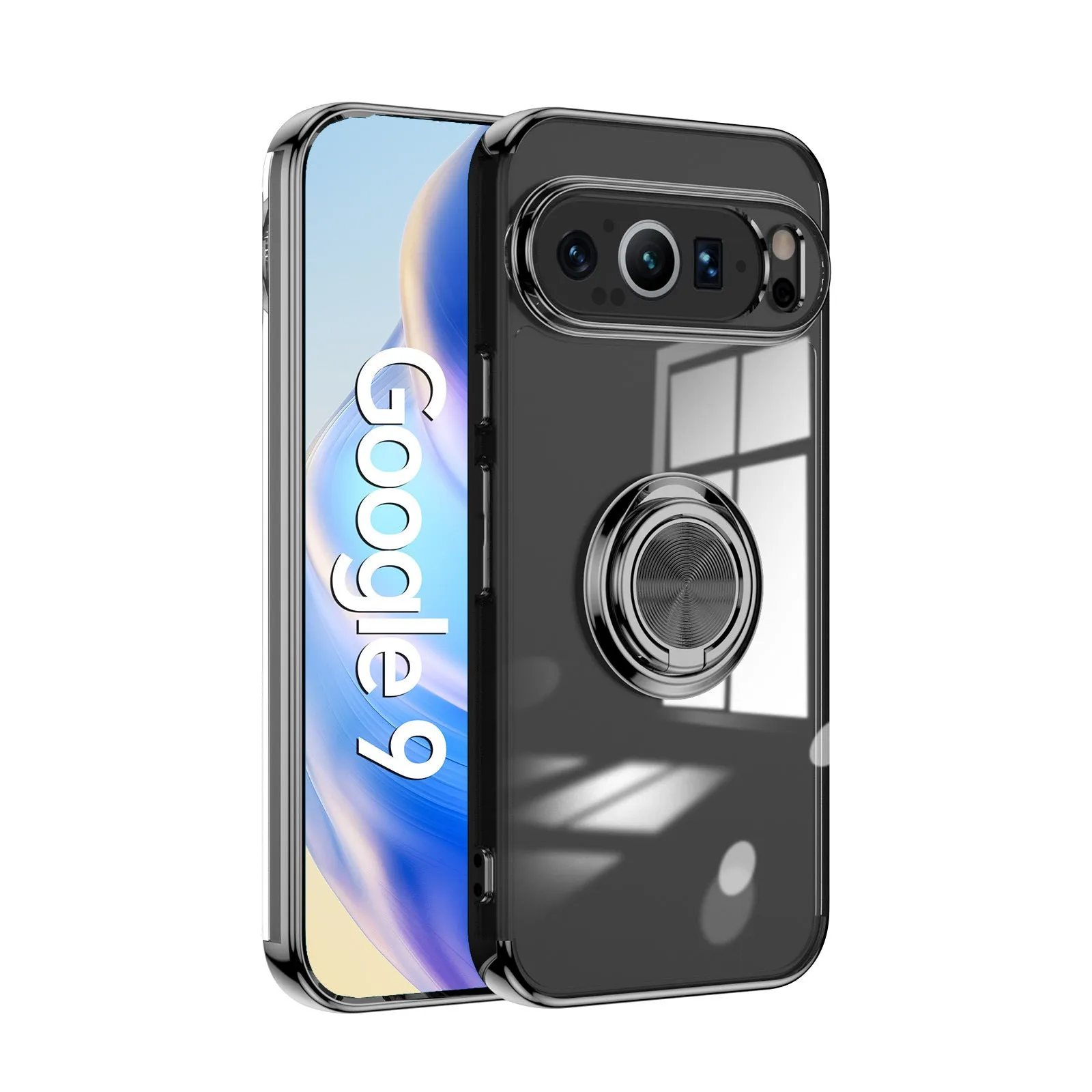 Google Pixel phone case with electroplated silicone transparent back and magnetic ring in silver colour showing front and rear view